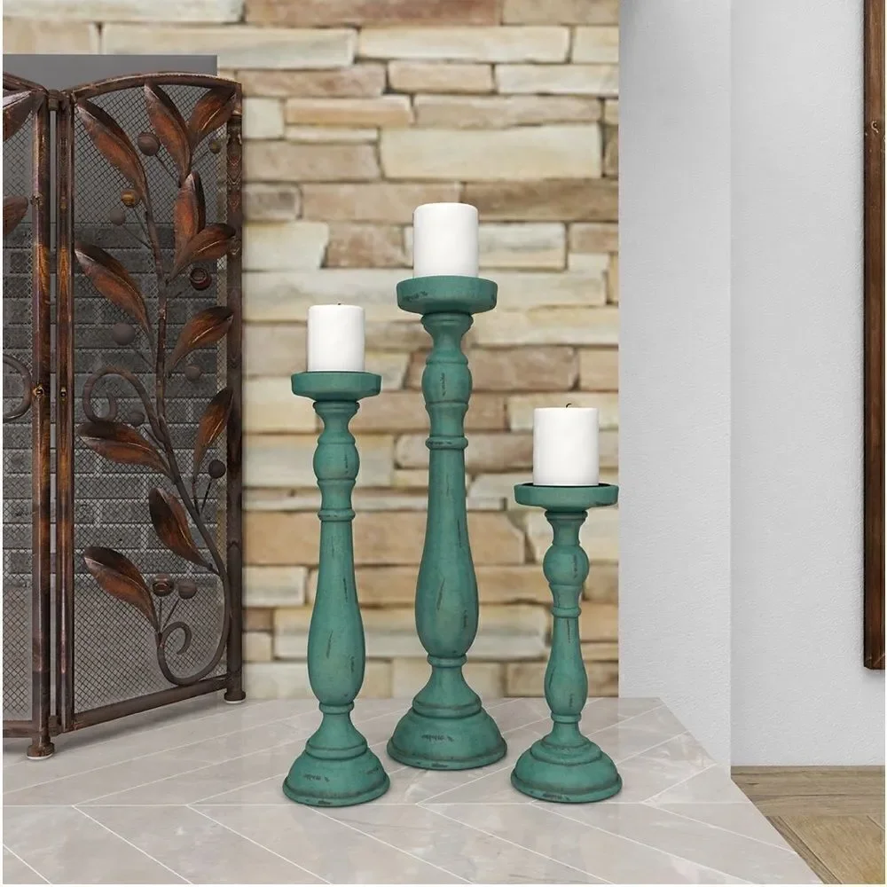 Pier 1 Imports Traditional Turquoise Wood Set of 3 Candle Holders